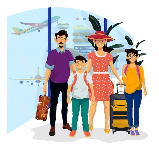 Vector vector flat illustration with happy smiling family in an airport which go on holiday