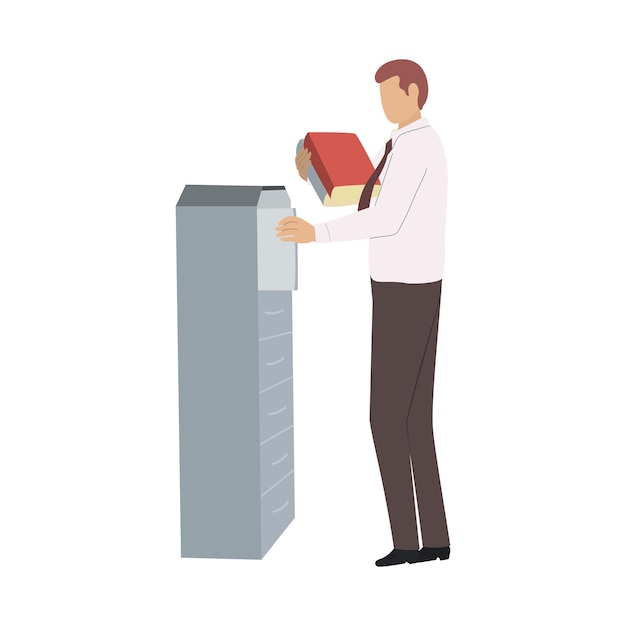 Vector flat illustration of worker with folder looking for document in mess concept storing and structuring archived information it can be used in web design banners etc