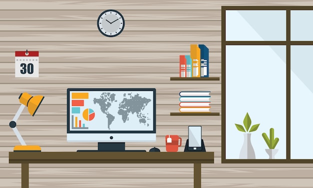 Vector vector flat illustration. workplace concept. modern home office interior - vector