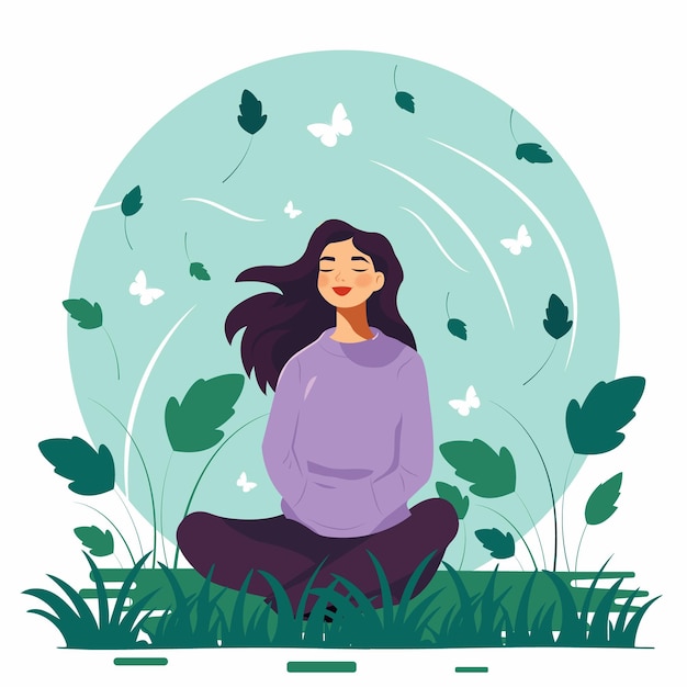 Vector vector flat illustration of a young beautiful girl meditating on green grass