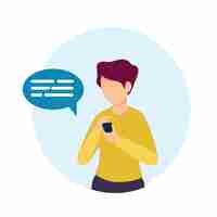 Vector vector flat illustration of young girl with short hair using smartphone for text messaging