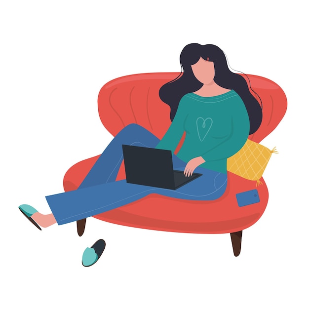 Vector flat illustrations girl with laptop work or study night in her home.