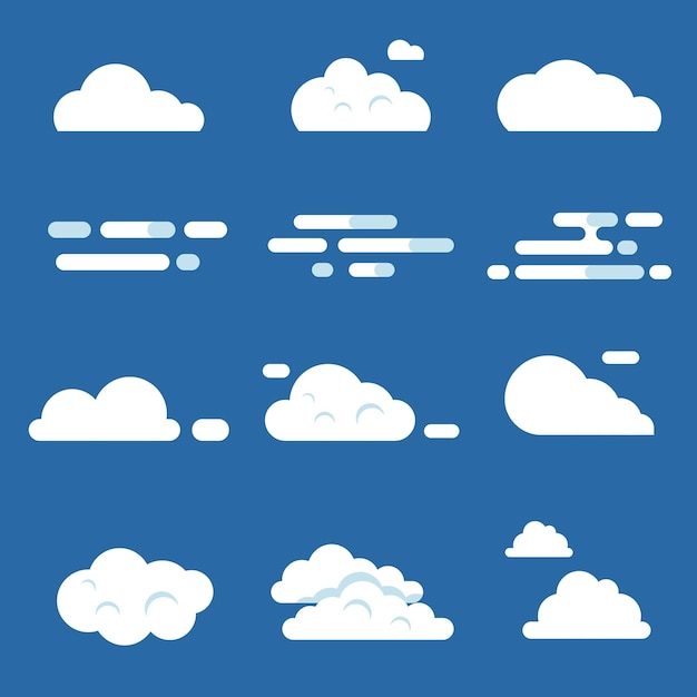 Vector flat illustrations of various clouds white cloudy weather heaven cloudscape