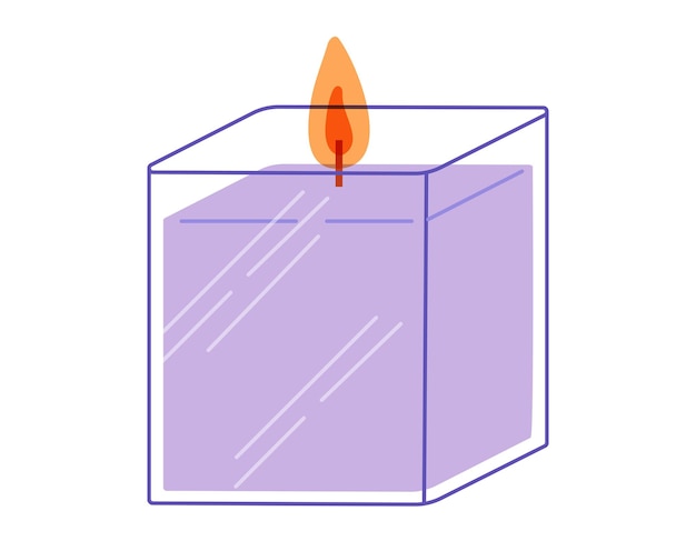 Vector flat isolated aromatic decorative candle in the shape of a cube with fire in a glass candlestick