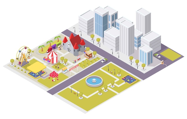 Vector flat isometric city with amusement park attractions