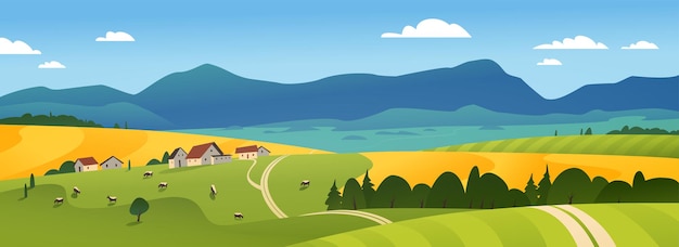 벡터 여름 시골 자연의 벡터 평면 풍경 그림:하늘, 산, 아늑한 마을 집, 소, 들판, 초원. 농산물 포장, 스티커 디자인, 배너, 플래이어 등