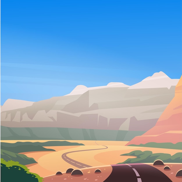 Vector flat landscape illustration of west desert mountain canyon view blue sky For travel banner