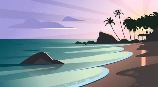 Vector vector flat landscape illustration of wild nature summer sunset on beach view with sky, sea coast, ocean, palm trees. for travel banners, cards, vacation and touristic advertising, brochures, flayer.