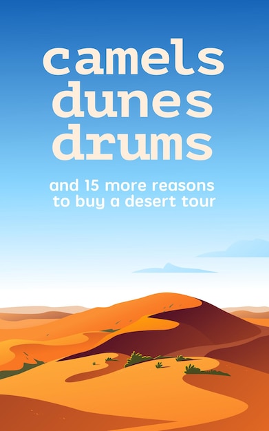Vector vector flat landscape minimalistic illustration of hot desert nature view: sky, dunes, sand, plants. good for travel banner, card, vacation touristic advertising, brochure, flayer etc.