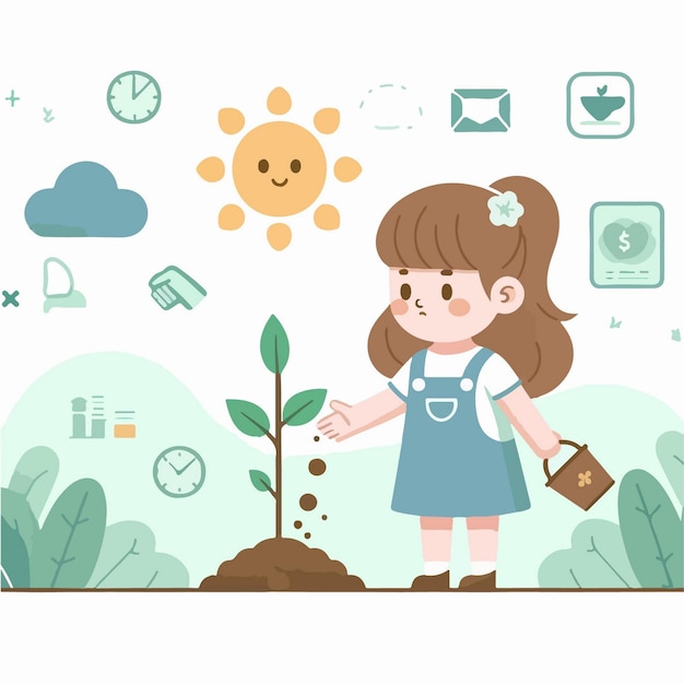 vector flat little girl planting a tree illustration