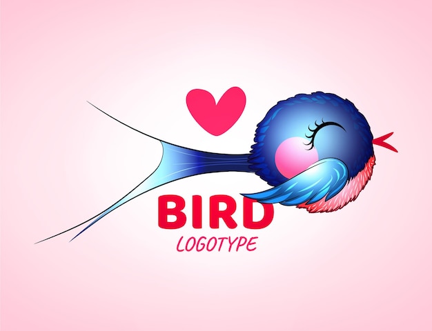 Vector vector flat logo of a bird on a pink background with a heart cute cartoon blue bird eps 10