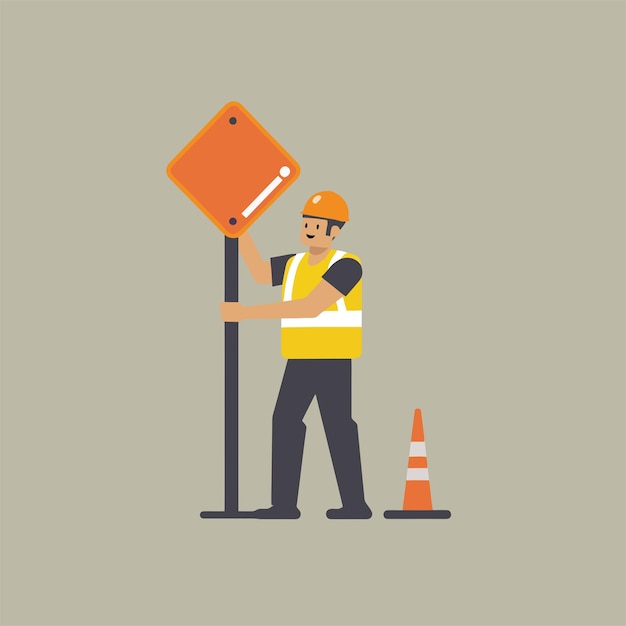 Vector vector flat man contractor holding traffic sign 1