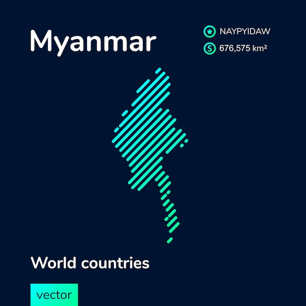 Vector flat map of Myanmar with green mint turquoise striped texture on dark blue background