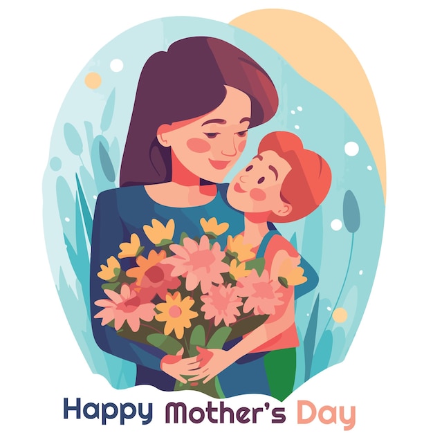 ベクトル フラット母女の子と白で隔離青い背景を持つヒマワリ幸せな母の日