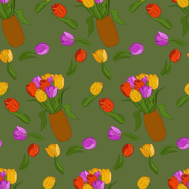 Vector flat multicolor tulips bouquet pattern