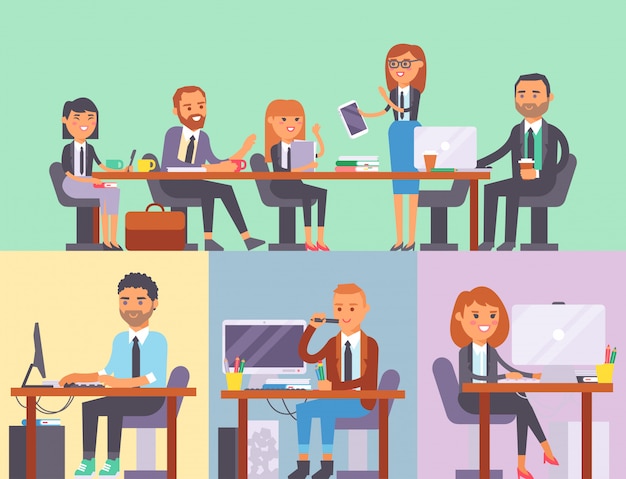 Vector flat people work place business worker person working on laptop at the table in office coworker businesswoman and businessman characters