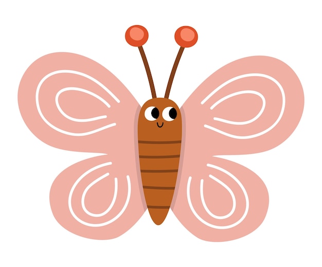 Vector flat pink butterfly icon Adorable farm picture Funny woodland forest or garden insect Cute bug illustration for kids isolated on white background
