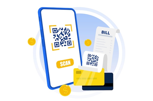 Векторный плоский рендеринг смартфона сканирует QR-код из бумажного счета-фактуры с дизайном баннера мобильного приложения Служба выставления счетов Inapp в изометрических векторных иллюстрациях