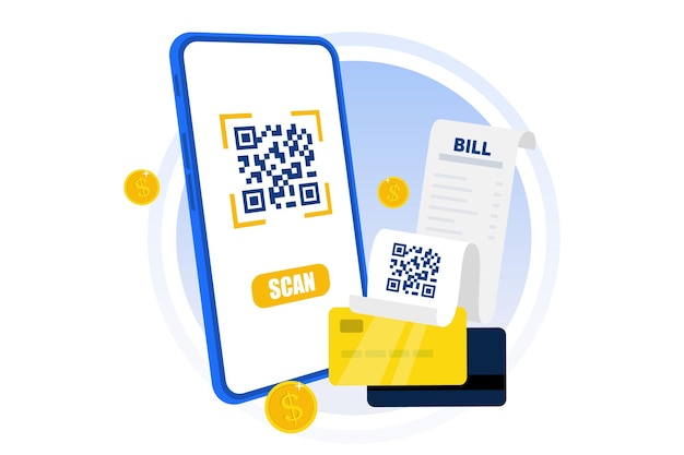ベクターフラットレンダリングスマートフォンは、モバイルアプリのバナーデザインを使用した紙の請求書からQRコードをスキャン等角ベクトルイラストのInapp請求サービス