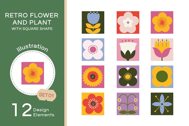 Вектор Векторные плоские ретро-цветы и растения квадратной формы set1