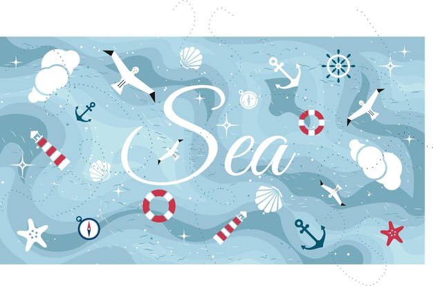 Vector flat sea design background with text Cute template with seashell seagull bird