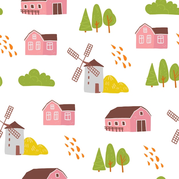 Vector flat seamless pattern with hand drawn farm domestic building, house, mill, trees isolated on white background. good for packaging paper, cards, wallpapers, gift tags, nursery decor etc.