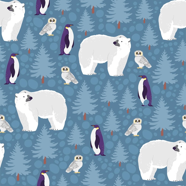 Vector flat seamless pattern with hand drawn north animals: polar bear, owl, penguin, fir tree isolated on winter landscape. good for packaging paper, cards, wallpapers, gift tags, nursery decor etc.