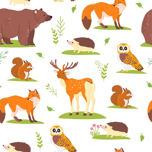 야생 숲 동물, 새 및 흰색 배경에 고립 된 꽃 요소와 벡터 평면 완벽 한 패턴입니다. 올빼미, 곰, 여우. 포장지, 카드, 월페이퍼, 선물 태그, 보육 장식 등에 좋습니다.