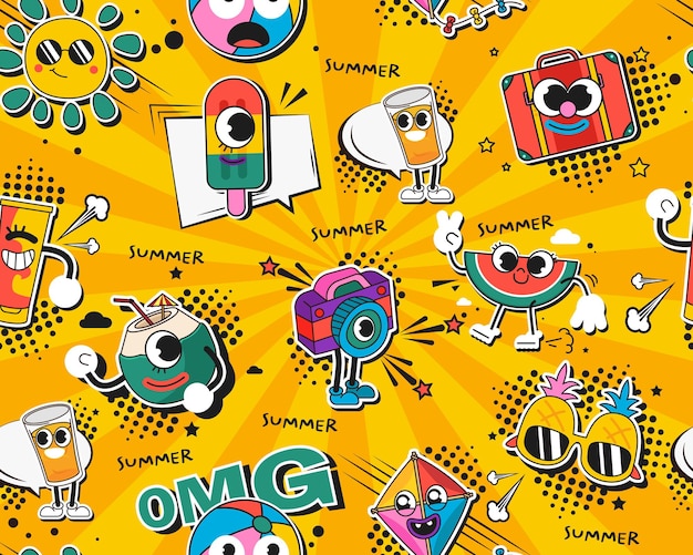 Vector flat seamless texture pattern Hand drawn flat trendy cartoon elements collection  Happy summer