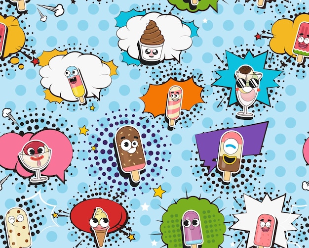 Vector flat seamless texture pattern Hand drawn flat trendy cartoon elements collection Ice cream