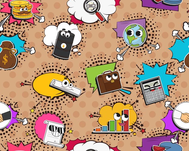 Vector flat seamless texture pattern Hand drawn flat trendy cartoon elements collection trade