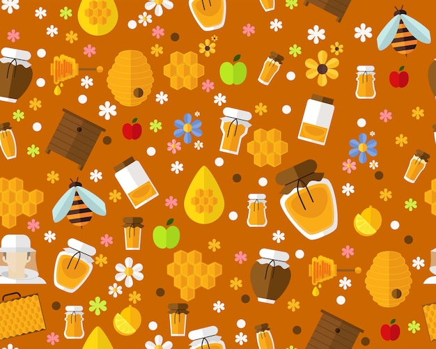 Vector flat seamless texture pattern honey and bee.