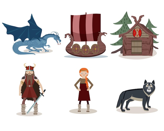 Вектор Векторный плоский набор скандинавских персонажей викинги драккары дракон волк