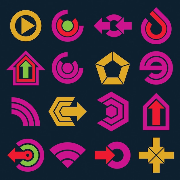 Vector flat simple navigation pictograms collection. Set of yellow and purple corporate abstract design elements. Arrows and circular web icons.