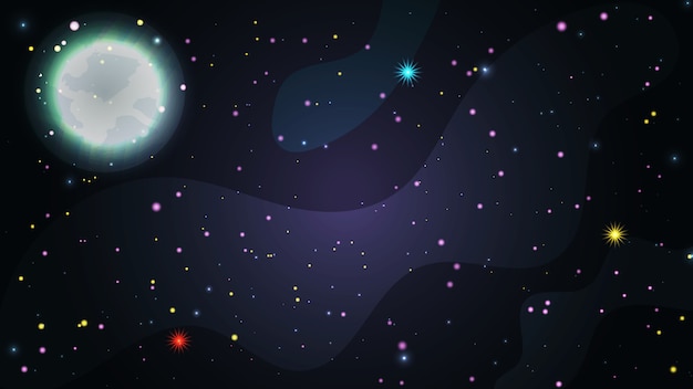 Vector vector flat space background. milky way galaxy cute template with stars and bright moon.