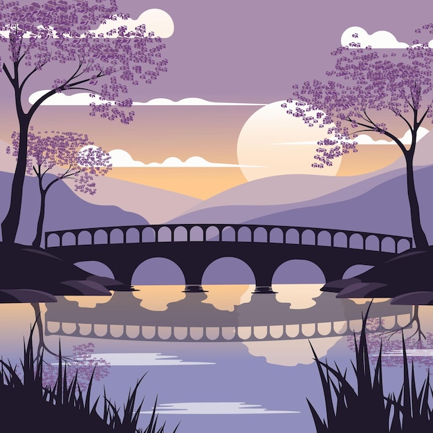 夕暮れの橋と川のベクトル平面の春または夏の風景