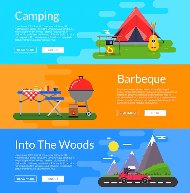 ベクトルフラットスタイルキャンプ要素水平web設定図のバナー