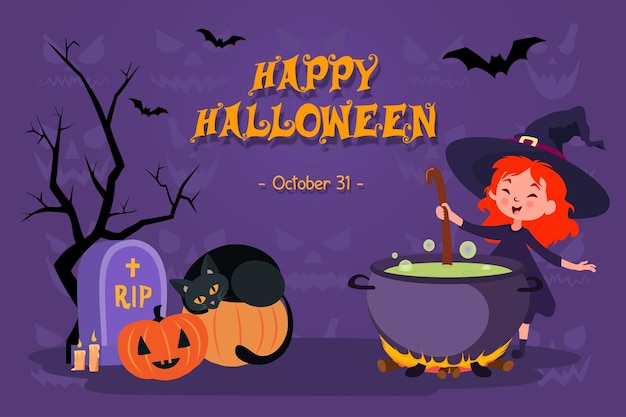 Vector flat style hand drawn halloween banner with witch and pumpkins