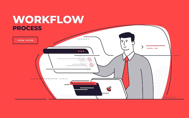 Illustrazione vettoriale in stile piatto su un controllo aziendale dell'efficienza dei processi di gestione del flusso di lavoro