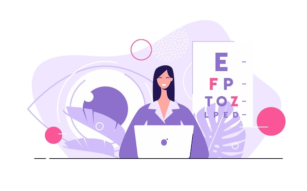 Vector flat style illustration of a young attractive female eye doctor ophthalmologist in clinic
