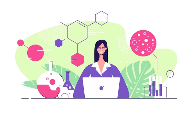 Vector flat style illustration of a young woman scientist with laptop in a medical research chemical lab