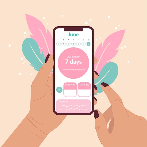 Vector flat tracker of menstrual period on calendar .woman hand holding mobile phone