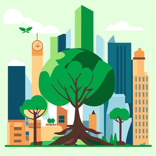 Вектор Векторные иллюстрации посадки плоских деревьев. зеленый концепт-арт.