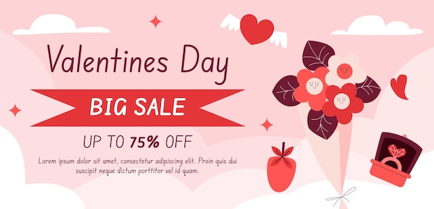 Векторный плоский шаблон баннера горизонтальной продажи ко Дню святого Валентина
