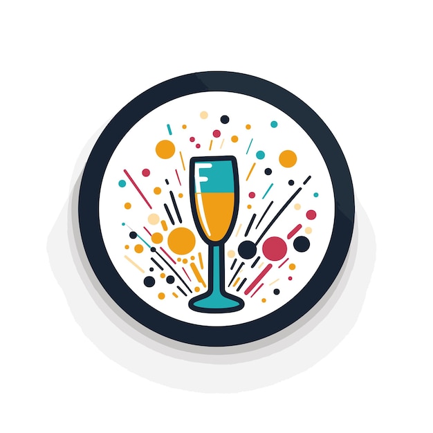 Vector of a flat vector icon of a glass of wine with sparkling bubbles and confetti around it