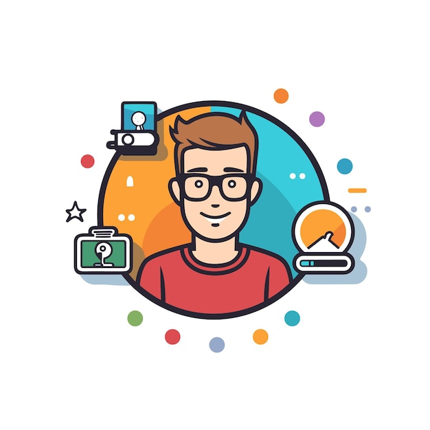 Vector of a flat vector icon of a man with glasses and a camera in front of him