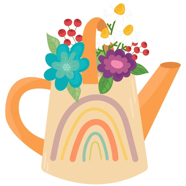 Vector flat vector illustration  watering can with flowers isolated on white background.