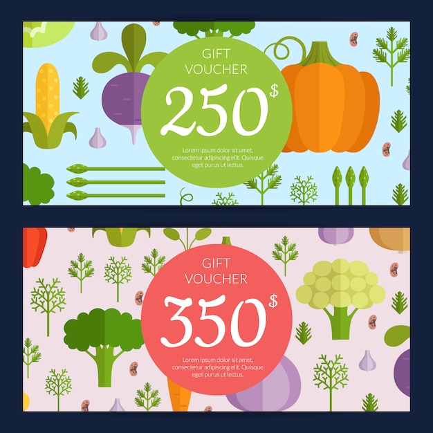 Vettore modelli di voucher vegano acquisto di verdure piatto vettoriale. modelli di banner di illustrazione