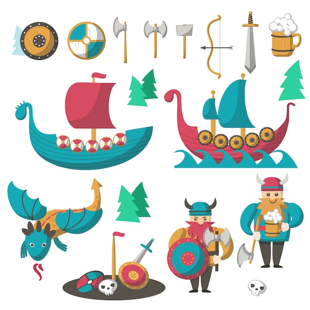 vector flat vikings, flying dragon and longships