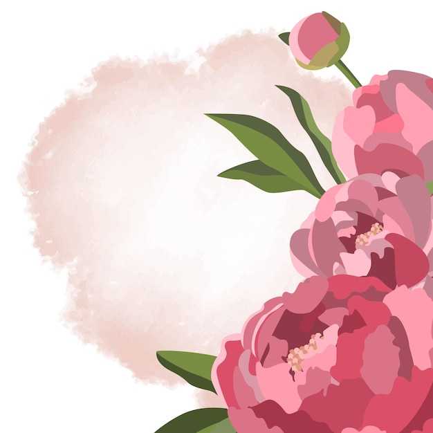 Vector floral arrangement with pink peonies and green leaves on textured background